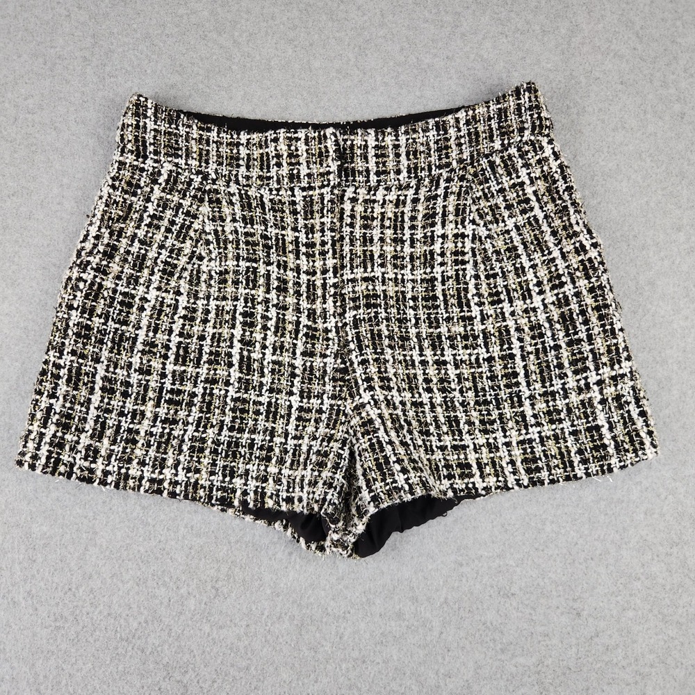 AQUA Tweed Shorts Womens Large‎ Black White Gold Metallic High Rise Dressy Plaid